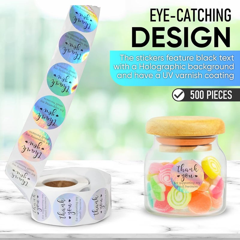 IBAKE 500 PCS Holographic Thank You for Supporting My Small Business Stickers – 1.5 Inch Round Self-Adhesive Waterproof Labels – Eye-Catching Packaging Seals for Orders, Gift Bags, Boxes & Envelopes - Image 2